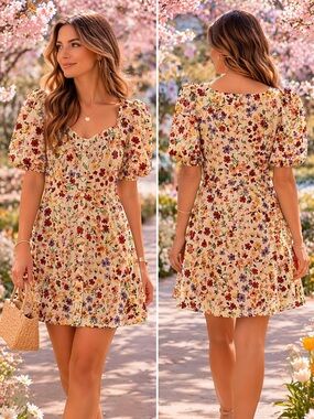 Zara Cottage Floral Cream Lined Mini Dress Sz Small Puffy Sleeves Button Up NWOT